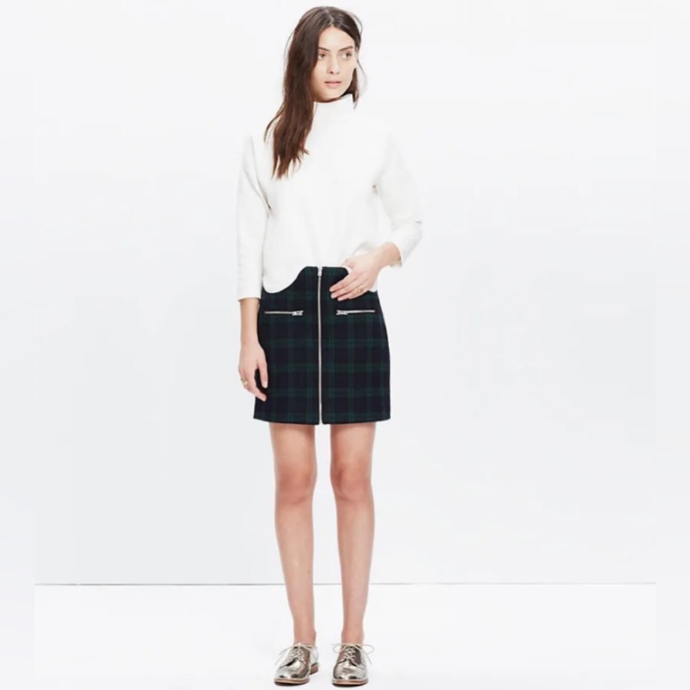 Madewell Plaid Mini Skirt Dark Green Navy Blue Zip Front Wool Blend